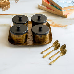 Antique Hammered Brass Finish Condiment Bowl Set of 4 With Lid & Spoon