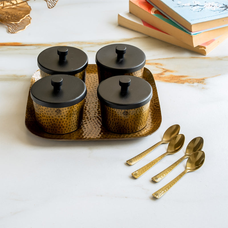 Antique Hammered Brass Finish Condiment Bowl Set of 4 With Lid & Spoon