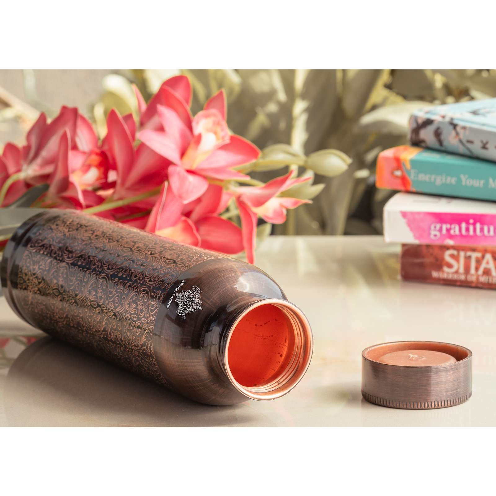Pure Copper Drinkware Bottle with Antique Dark Embossed Design – 900 ML