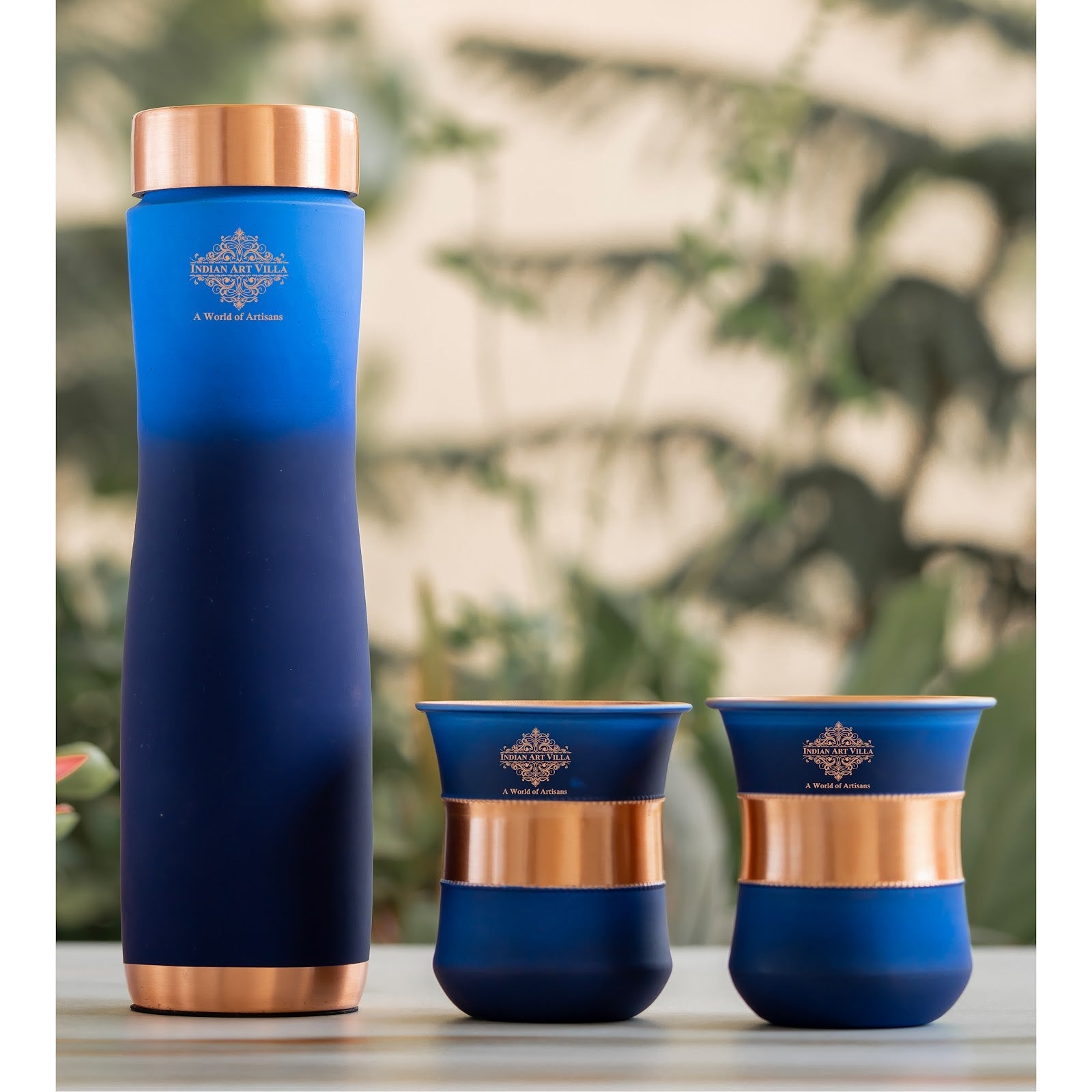 Matt Ombre Copper Bottle and Glass Set with Royal Look  Bottle-900 Ml, Glass-275Ml