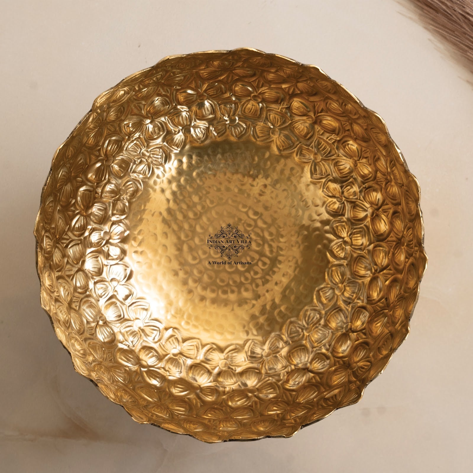Brass Decorative Floral Embossed Fruit Bowl – 7.9 Inch, 1550 ML Golden Finish Brass Bowl with Pedestal, Handmade Serving & Display Bowl for Dry Fruits, Snacks, Fruits, Table Décor, and Gifting