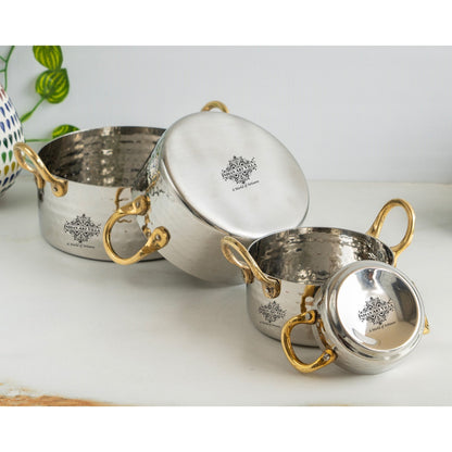 Stainless Steel Serving Bowl with Brass Handles, Hammered Design, Ideal Small Serving Bowl for Curry, Dal and Sides – Elegant Tableware for Home & Restaurant Use