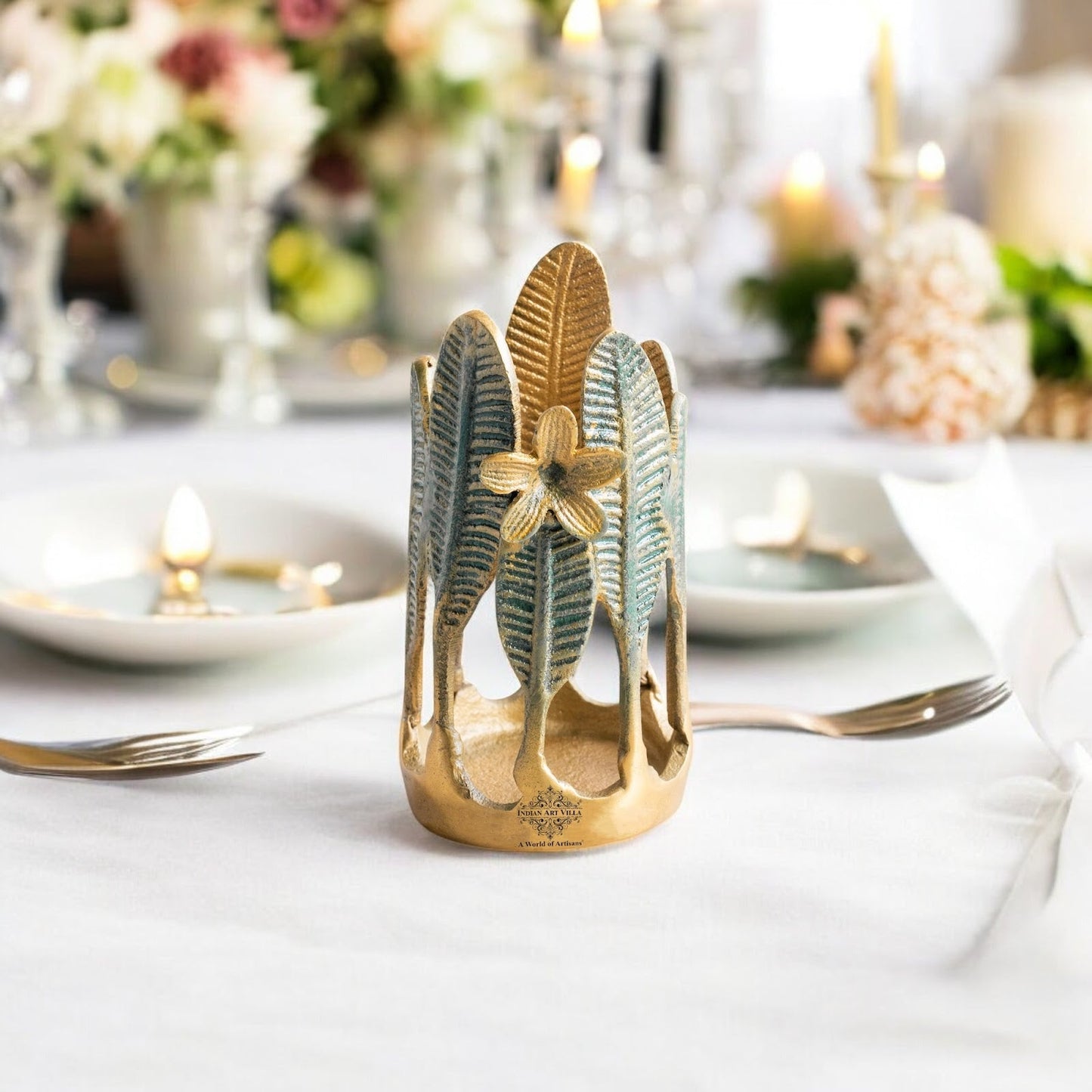 Gold Finish Green Leaf Design Decorative Cutlery Stand– Elegant Handcrafted Multipurpose Holder, Ideal for Dining Table, Kitchen, and Gifting