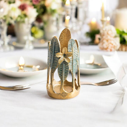 Gold Finish Green Leaf Design Decorative Cutlery Stand– Elegant Handcrafted Multipurpose Holder, Ideal for Dining Table, Kitchen, and Gifting