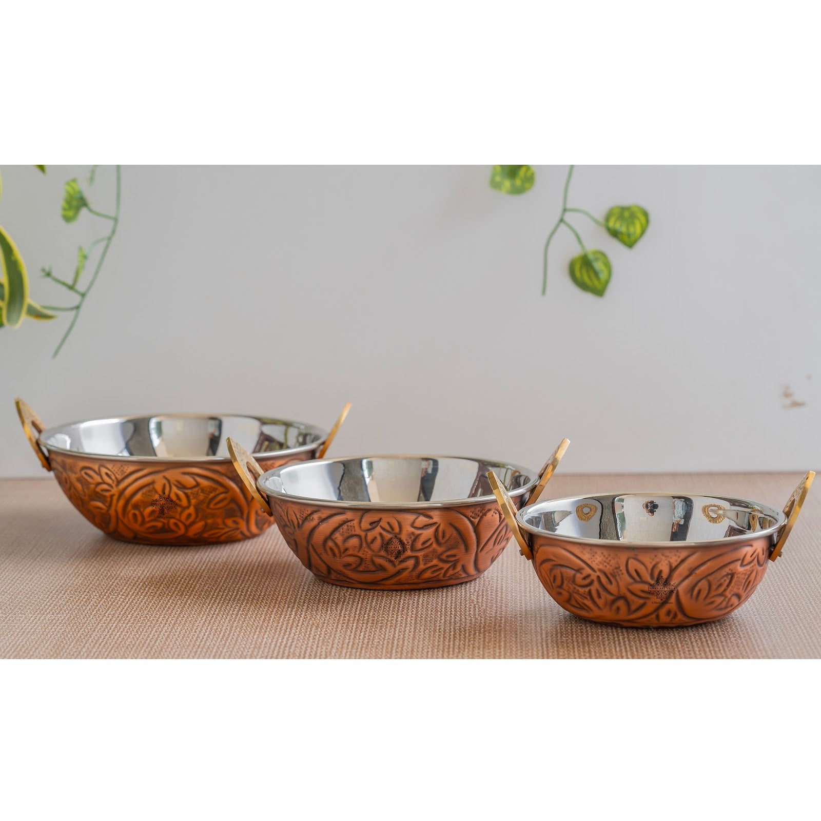 Indian Art Villa, Steel Copper Embossed Antique Dark Tone Design Kadhai with Different Size