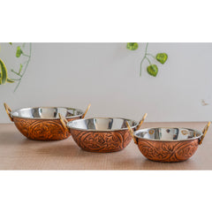 Indian Art Villa, Steel Copper Embossed Antique Dark Tone Design Kadhai with Different Size