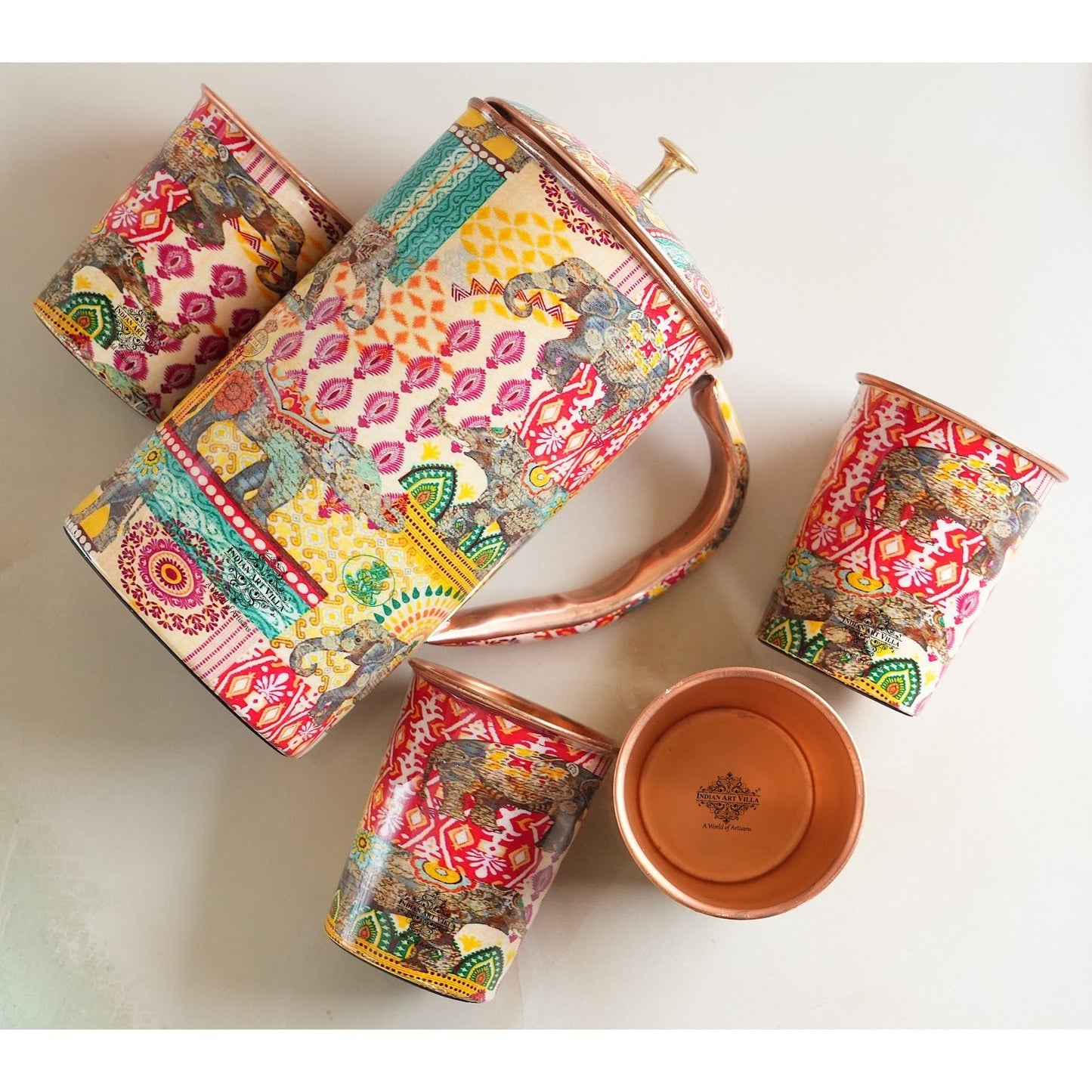 Pure Copper Printed Padharo Mhare Desh Jug & Glass Gift Set