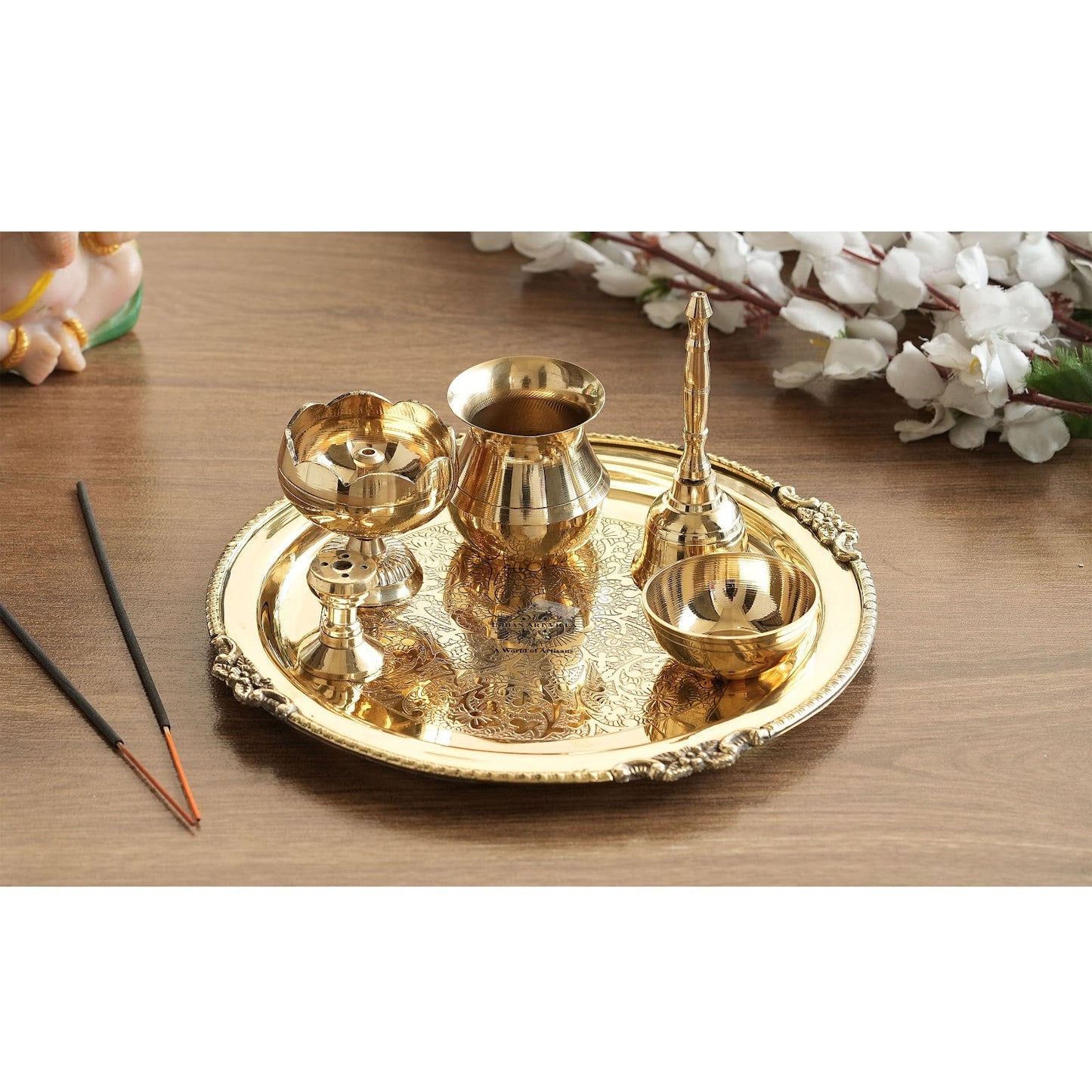 Pure Brass Embossed Puja Thali Set, 6 Pieces Set, 20.32 cm, Poojan Purpose, Spiritual Gift Item