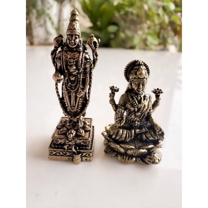 Pure Brass Miniature Tirupati Balaji-Lakshmi (Venkateswara-Padmavathi) Pair Murti