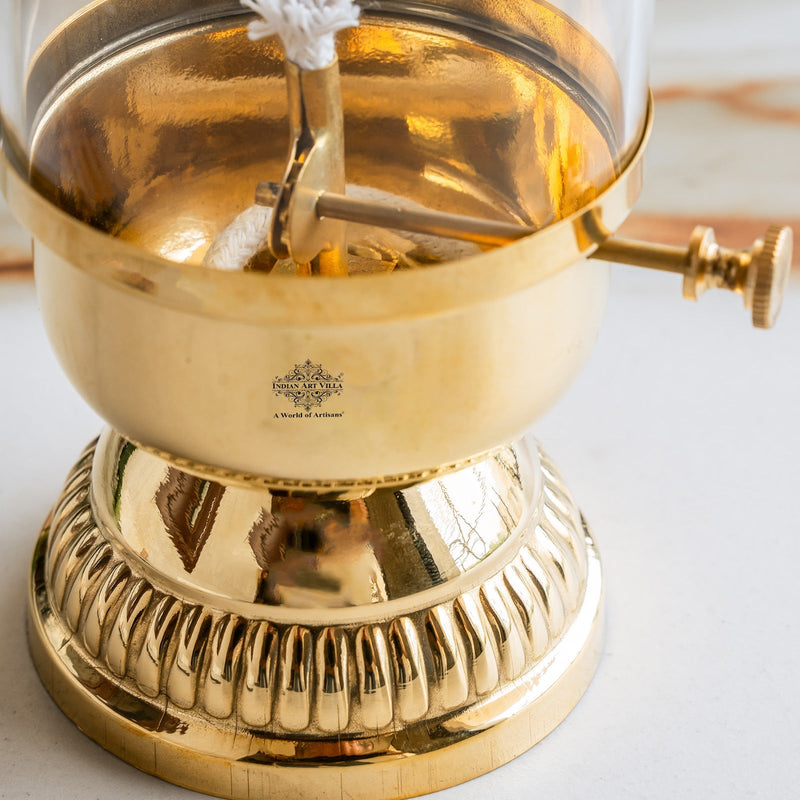 Brass Akhand Diya Oil Lamp with Glass Chimney & Wick