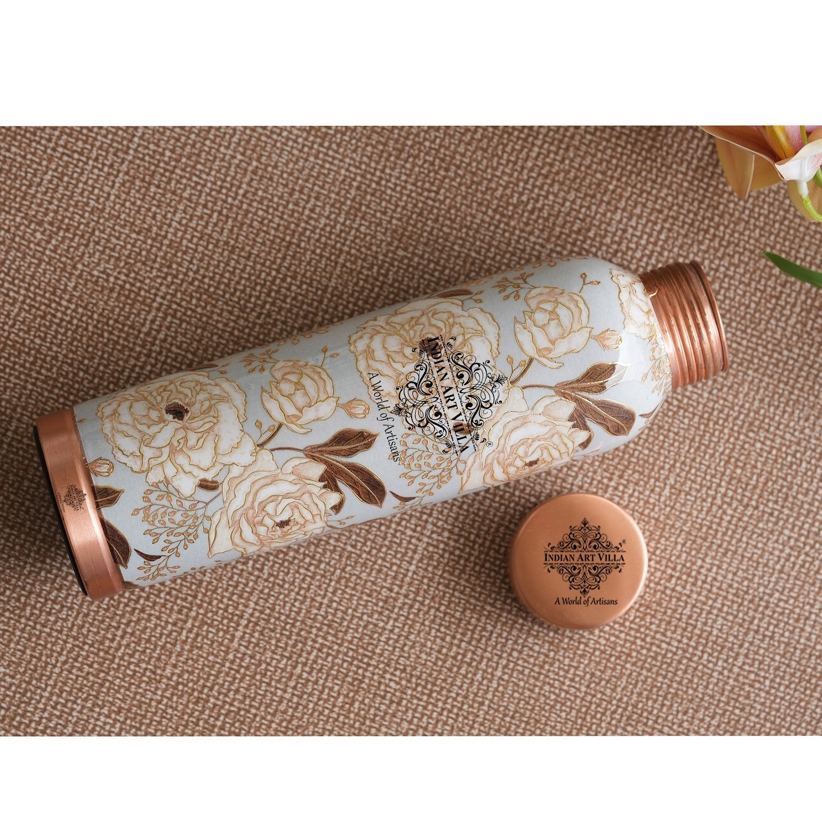 Pure Copper Water Bottle with Different Gold Print Designs, 900 ML