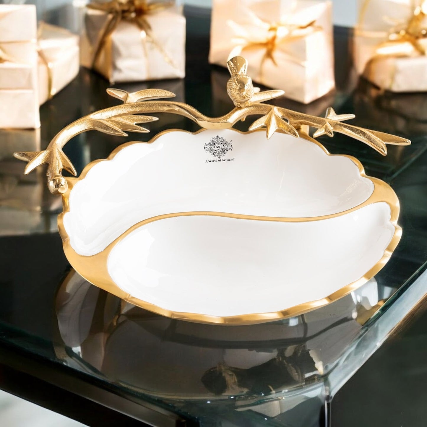 Brass Finish Decorative Serving Platter with Bird Design, Serveware for Home Décor, Gifting, and Special Occasions