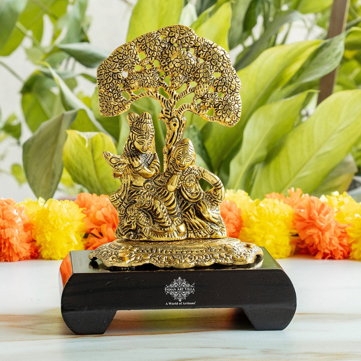 Brass Finish Radha Krishna Murti with Wooden Base