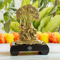 Brass Finish Radha Krishna Murti with Wooden Base