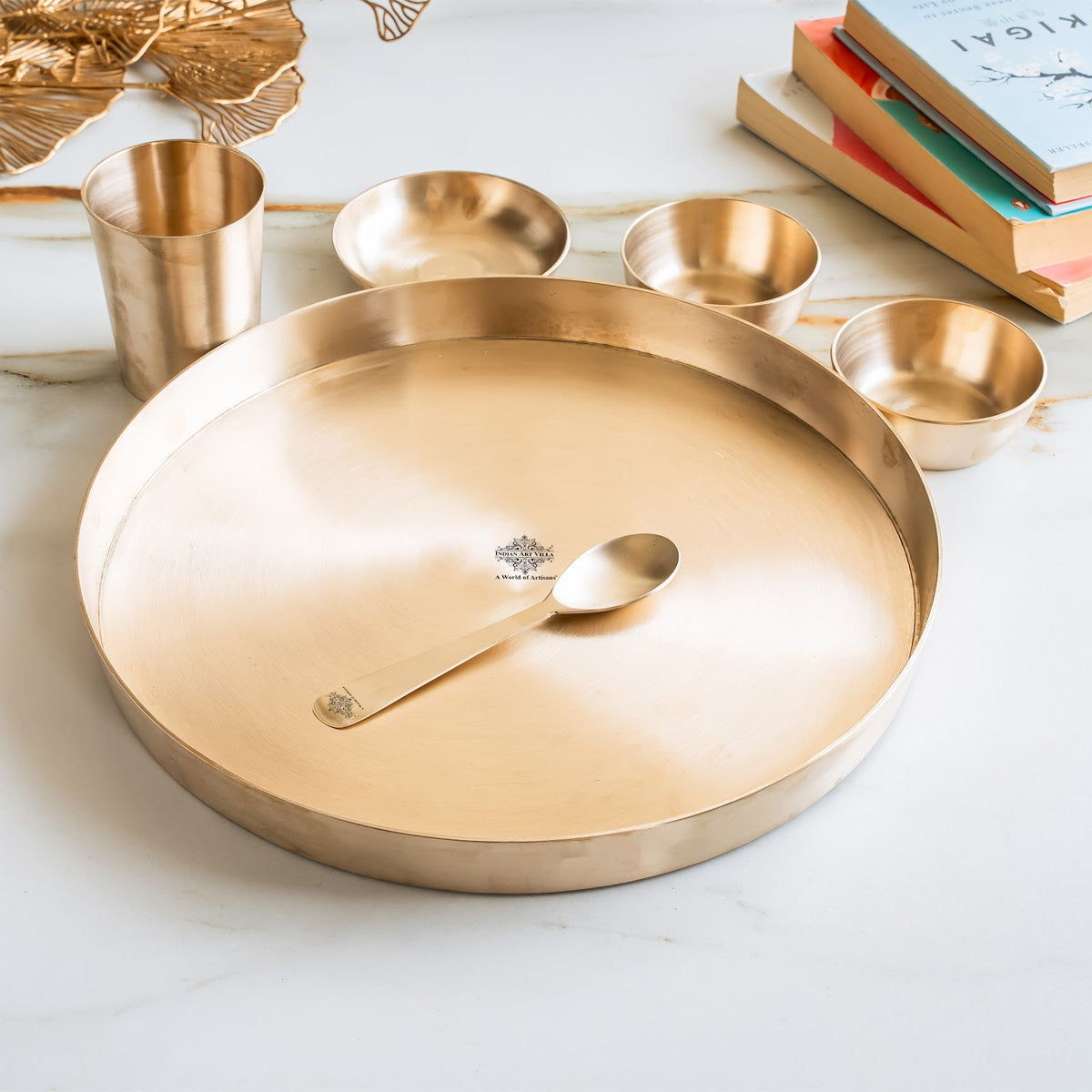 Bronze Dinner Set, 6-Piece with Thali, 2 Katori, Glass, Halwa Plate & Spoon