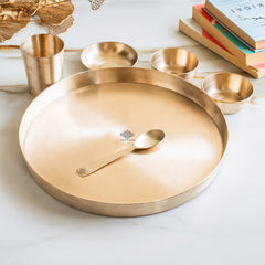 Bronze Dinner Set, 6-Piece with Thali, 2 Katori, Glass, Halwa Plate & Spoon