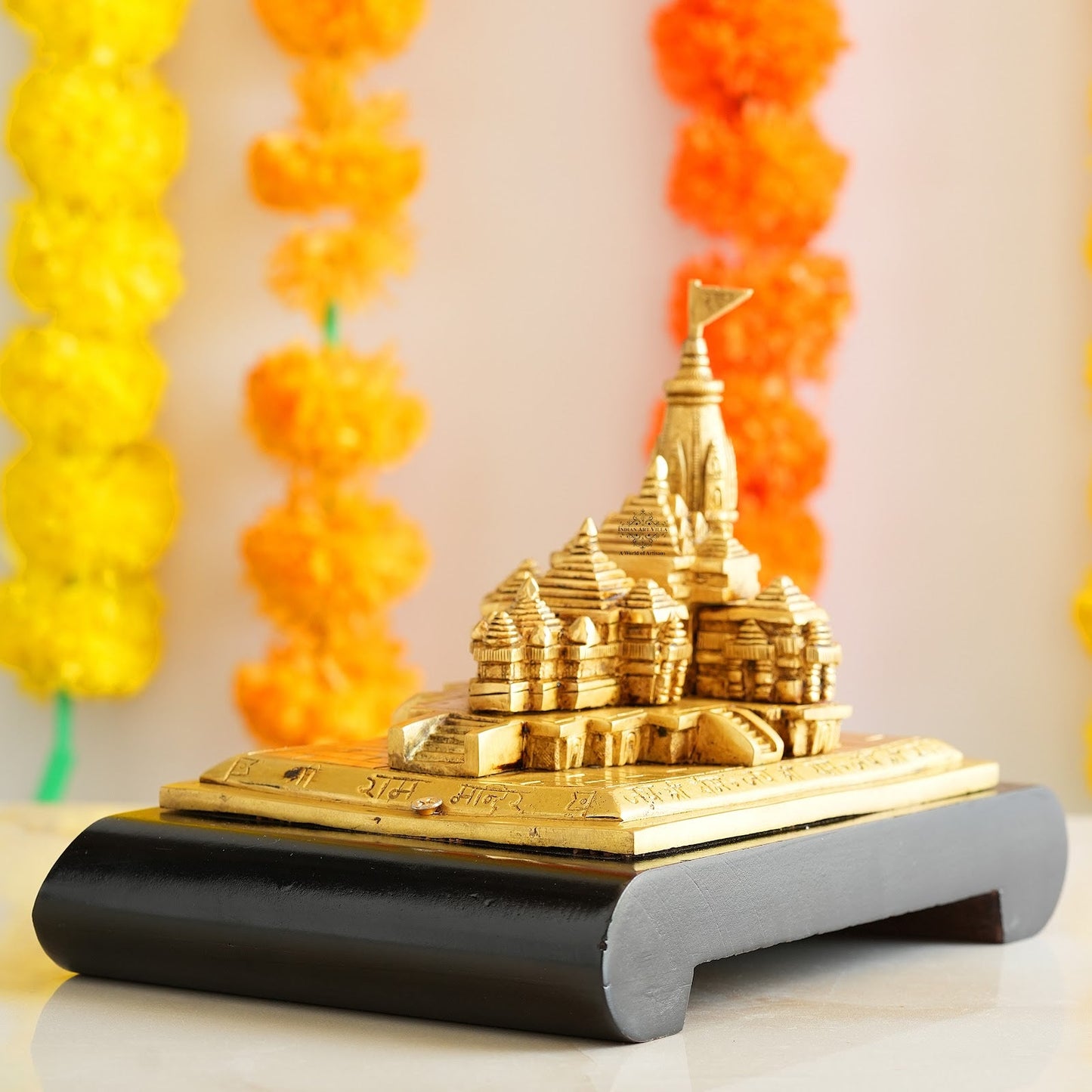 Handcrafted Wooden Brass Ram Mandir/Temple, Ayodhya Model 3D Replica, Traditional, 16.51 cm Width