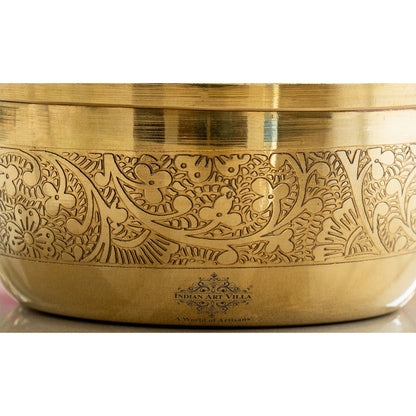 Pure Brass Embossed Design Flat Bottom Bowl, Decorative Dinnerware, Tableware and Serveware for Home Hotel Restaurant, Volume-200 ml