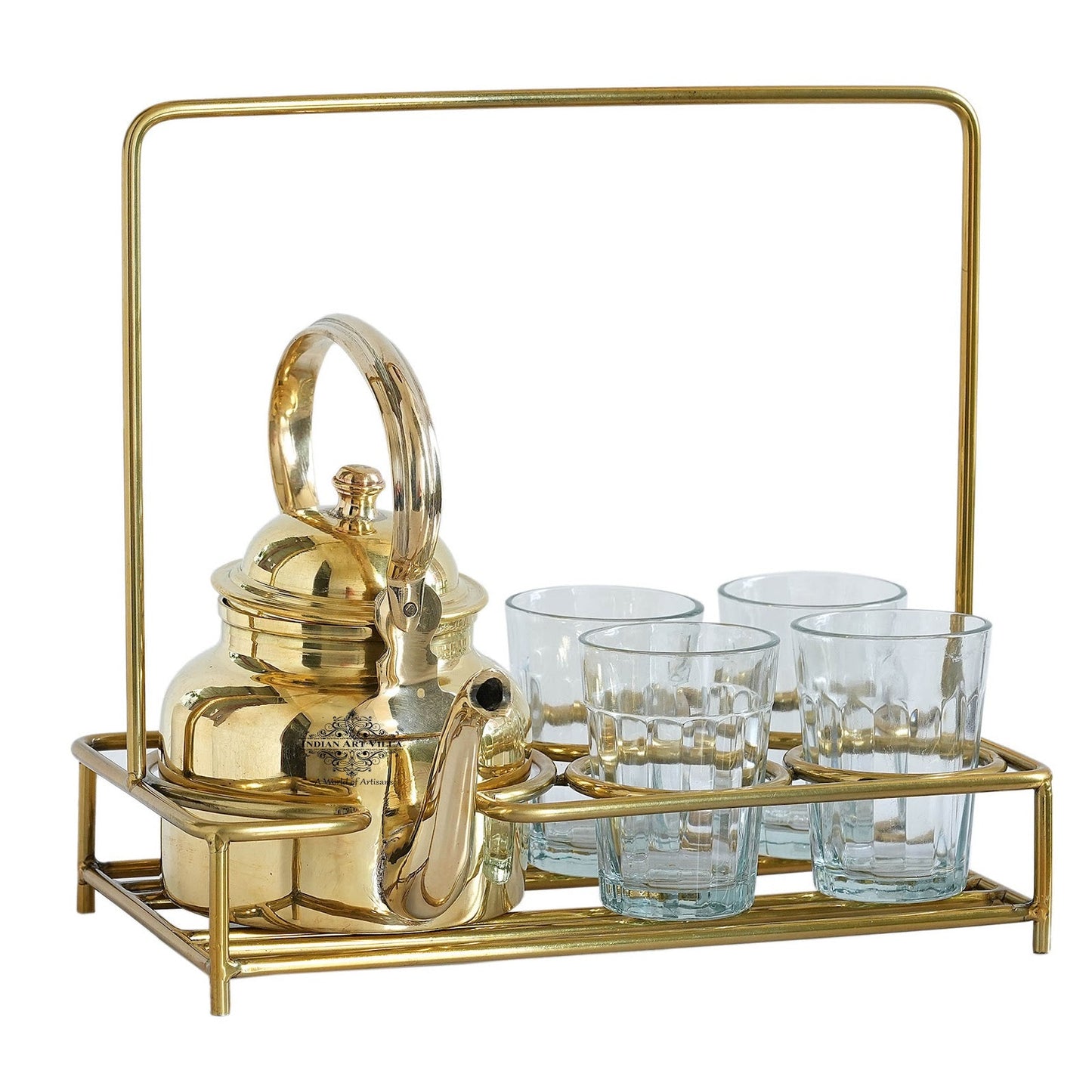 Handcrafted Pure Brass Shine Finish Design Tea Pot with Brass Stand with 4 Glass Tea Cup