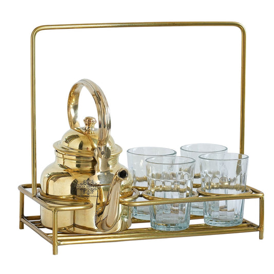 Handcrafted Pure Brass Shine Finish Design Tea Pot with Brass Stand with 4 Glass Tea Cup