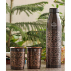 Pure Copper Antique Finished Embossed Design Bottle With Glass Set