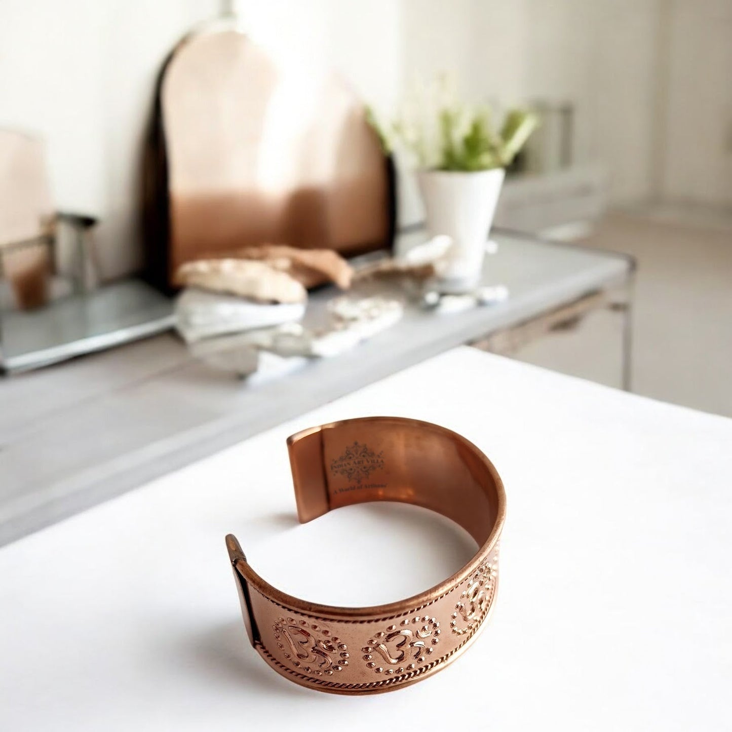 Pure Copper Om Design Broad Bangle Handcrafted Spiritual Bracelet