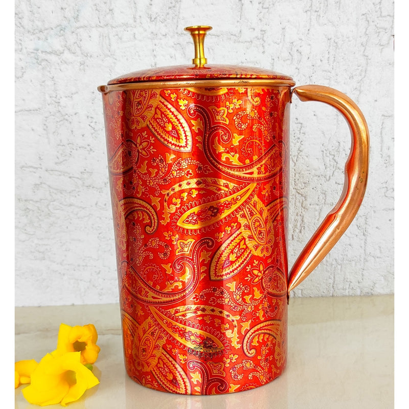 Pure Copper Paisley Printed Design Jug With Brass Knob on Lid