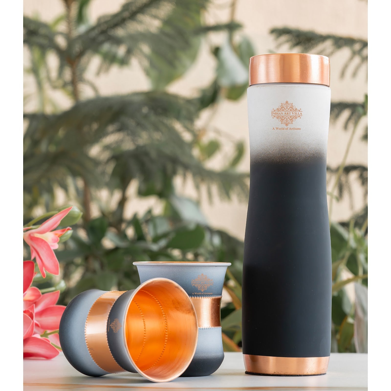 Matt Ombre Copper Bottle and Glass Set with Royal Look  Bottle-900 Ml, Glass-275Ml
