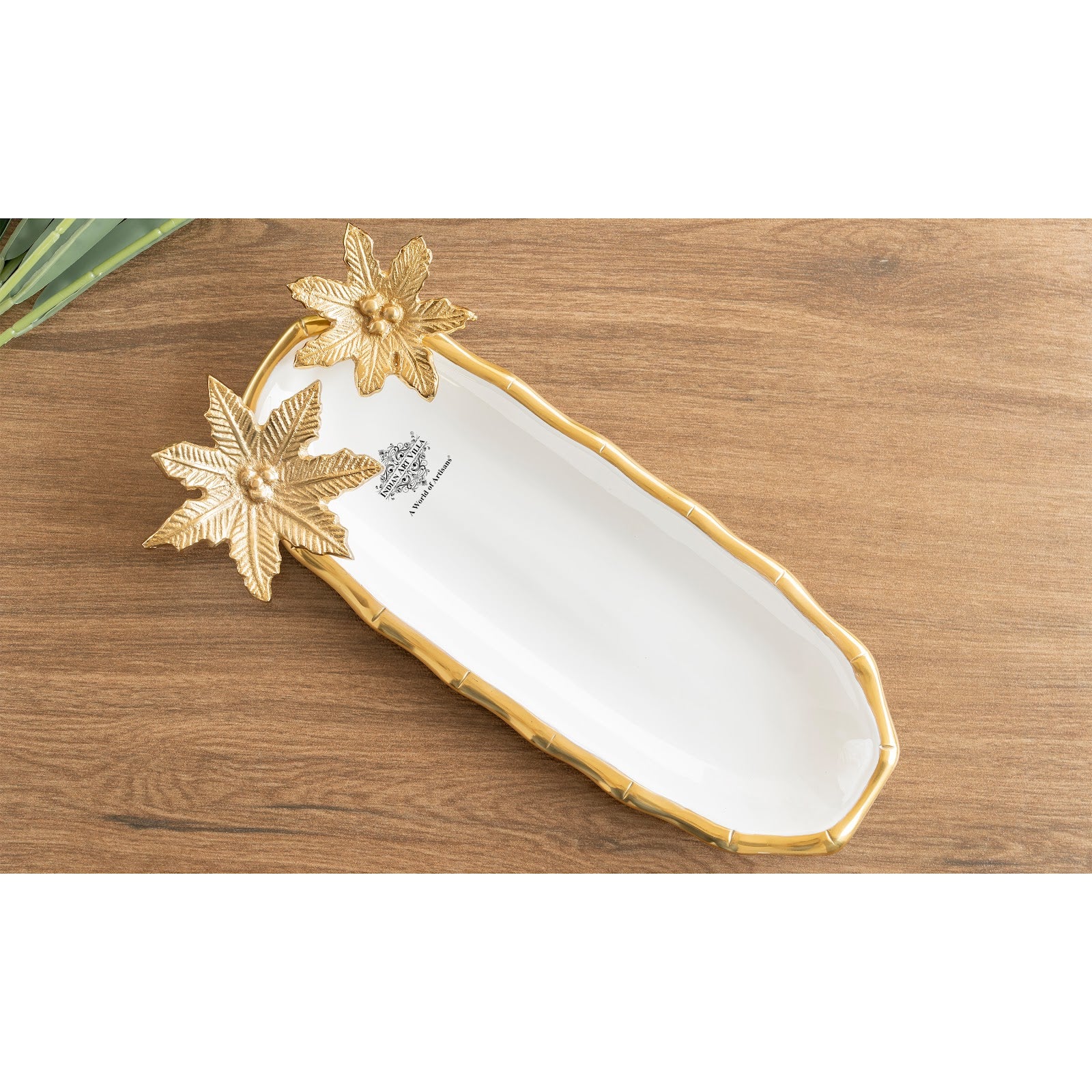Brass Finish Decorative Serving Plate with Flower Design, Oval Platter, Elegant Tableware for Snacks, Dry Fruits, Gifting, and Home Décor.