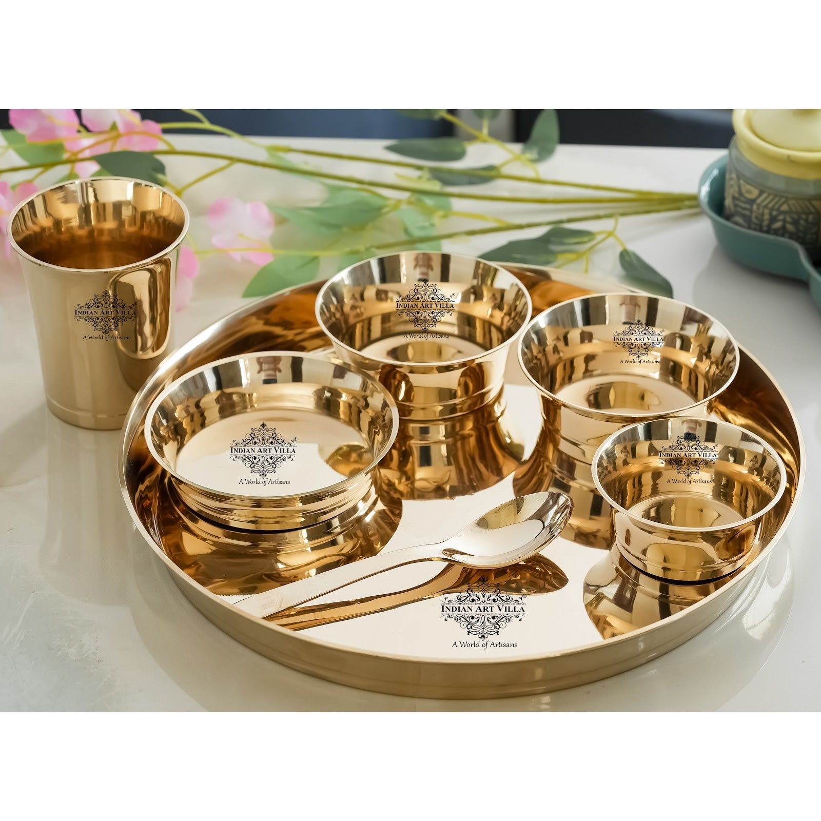Handmade Pure Bronze Shine Finish Design Thali Set|Dinner Set, 7 Piece
