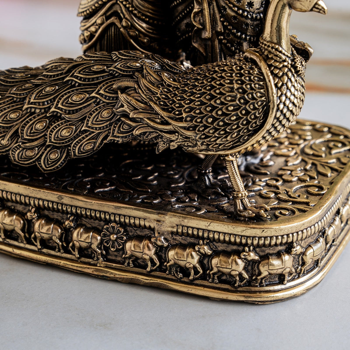 Brass Antique Finish Radha Krishna Standing Idol with Peacock & Cow - 20.32 cm