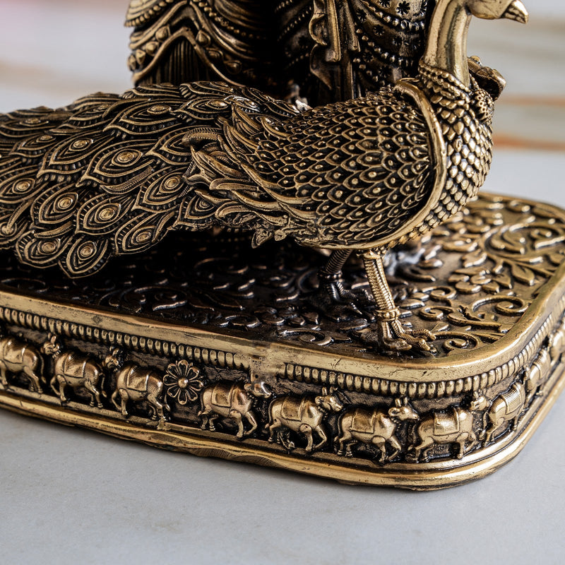 Brass Antique Finish Radha Krishna Standing Idol with Peacock & Cow - 20.32 cm