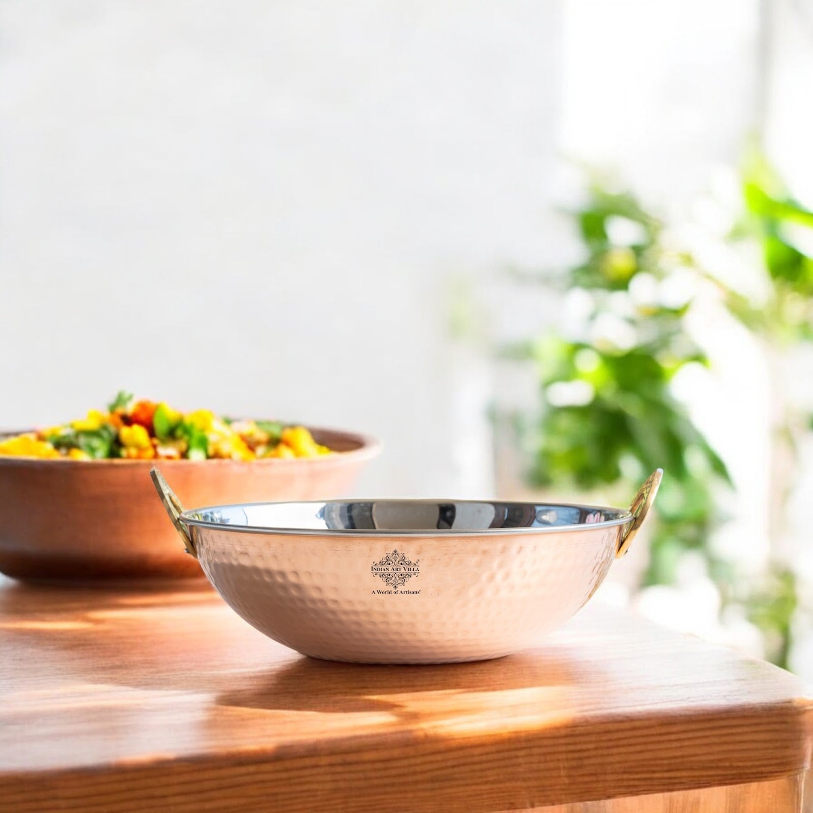 Steel Copper Hammered Design Kadhai - Elegant Serveware with Brass Handles, Traditional Indian Tableware for Dining, Special Occasions & Gifting