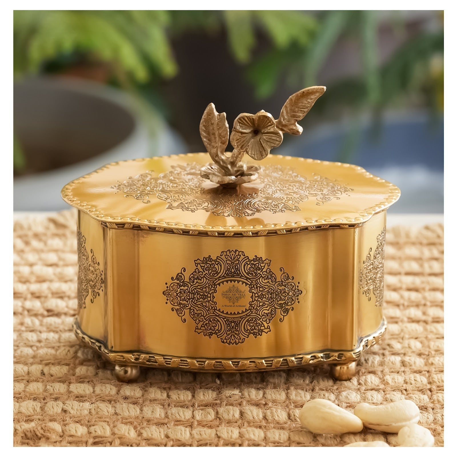 Royal Brass Dry Fruit Box with Floral Lid – Handcrafted Elegance |  Brass Decorative Box