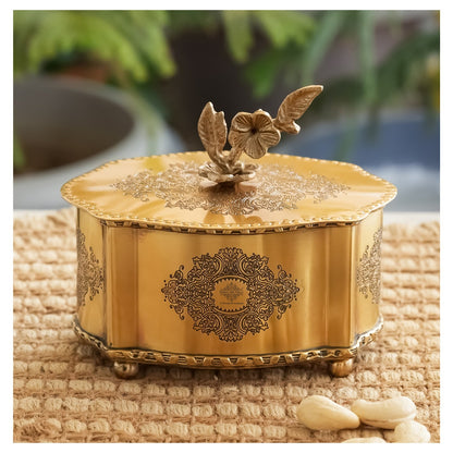Royal Brass Dry Fruit Box with Floral Lid – Handcrafted Elegance |  Brass Decorative Box