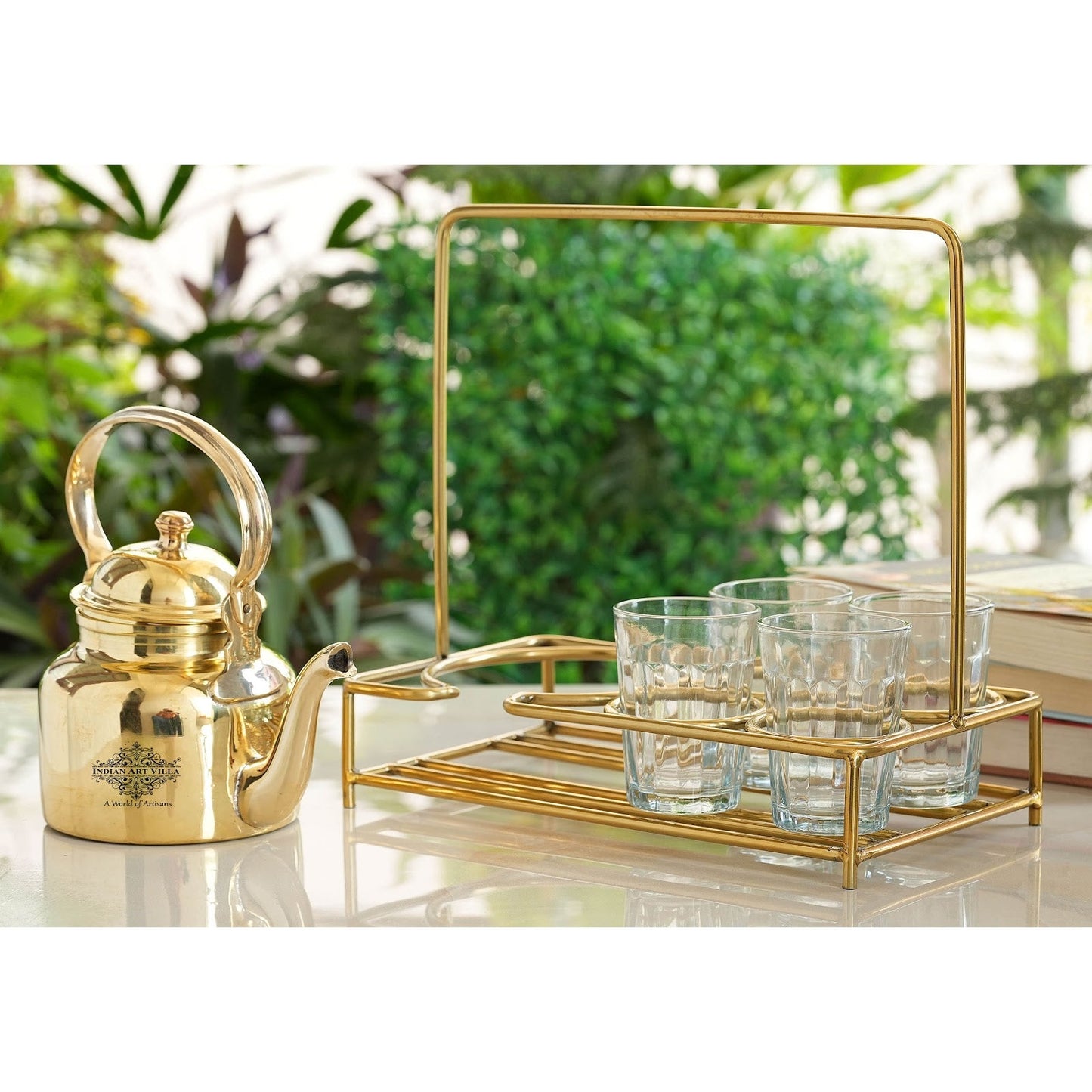 Handcrafted Pure Brass Shine Finish Design Tea Pot with Brass Stand with 4 Glass Tea Cup