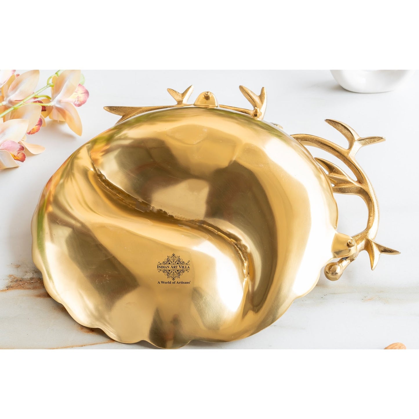 Brass Finish Decorative Serving Platter with Bird Design, Serveware for Home Décor, Gifting, and Special Occasions