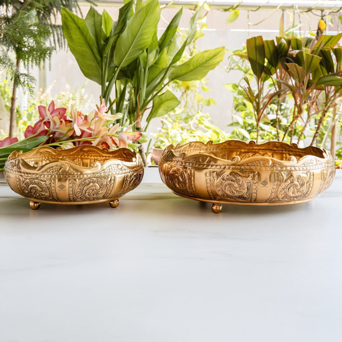 Pure Brass Embossed Scalloped Urli with Lotus Design