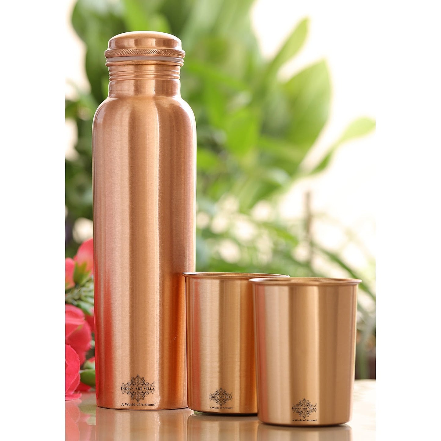 Pure Copper Matt Finish Lacquer Coated Water Bottle & 2 Glass