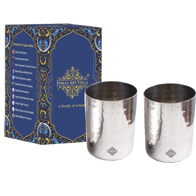 Steel Flat Hammered Glass Tumbler Cup | Serving Drinking Water | Volume 375 ML