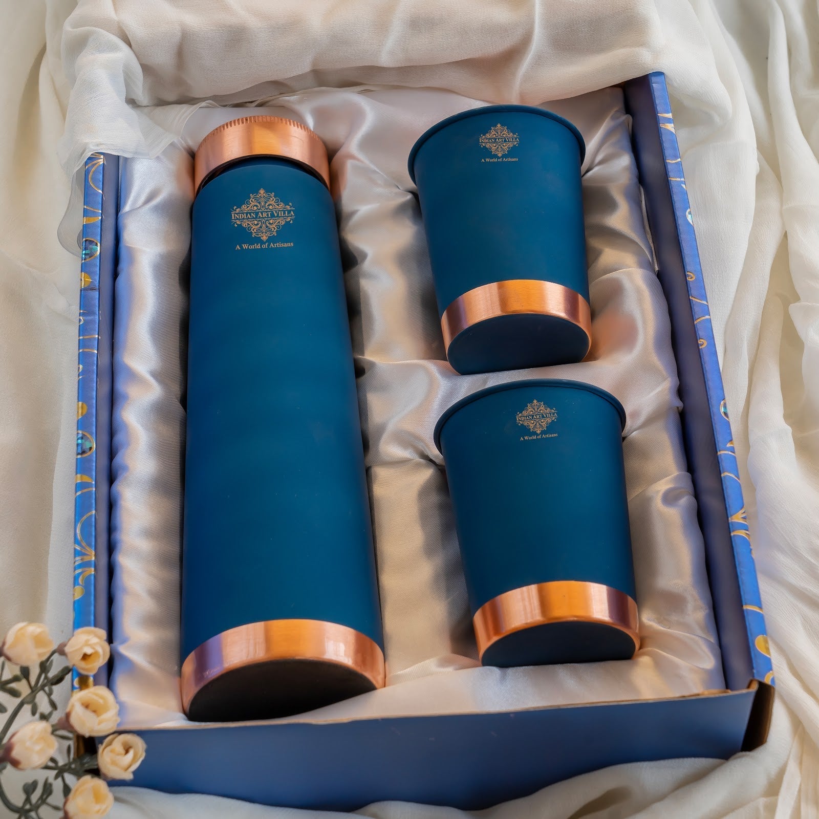 Pure Copper Bottle And Glass Set With Silk Finish Pyramid Design