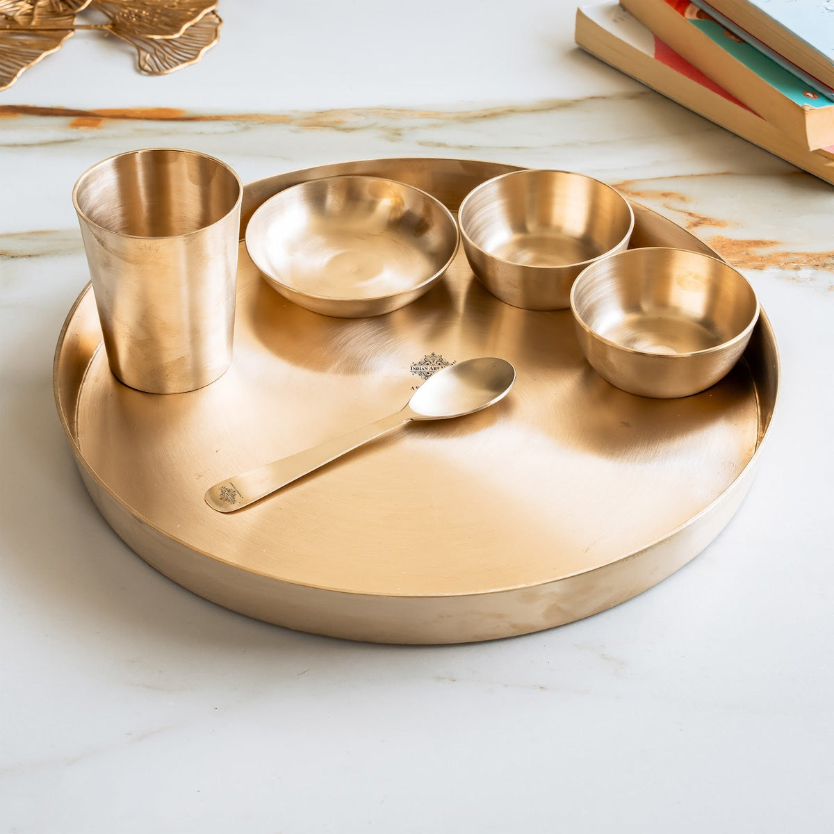 Bronze Dinner Set, 6-Piece with Thali, 2 Katori, Glass, Halwa Plate & Spoon