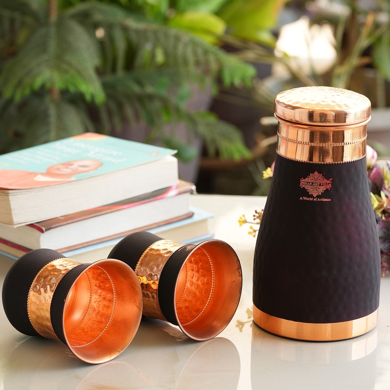 Pure Copper Bedroom Bottle with Two Copper Glasses - Silk Finish
