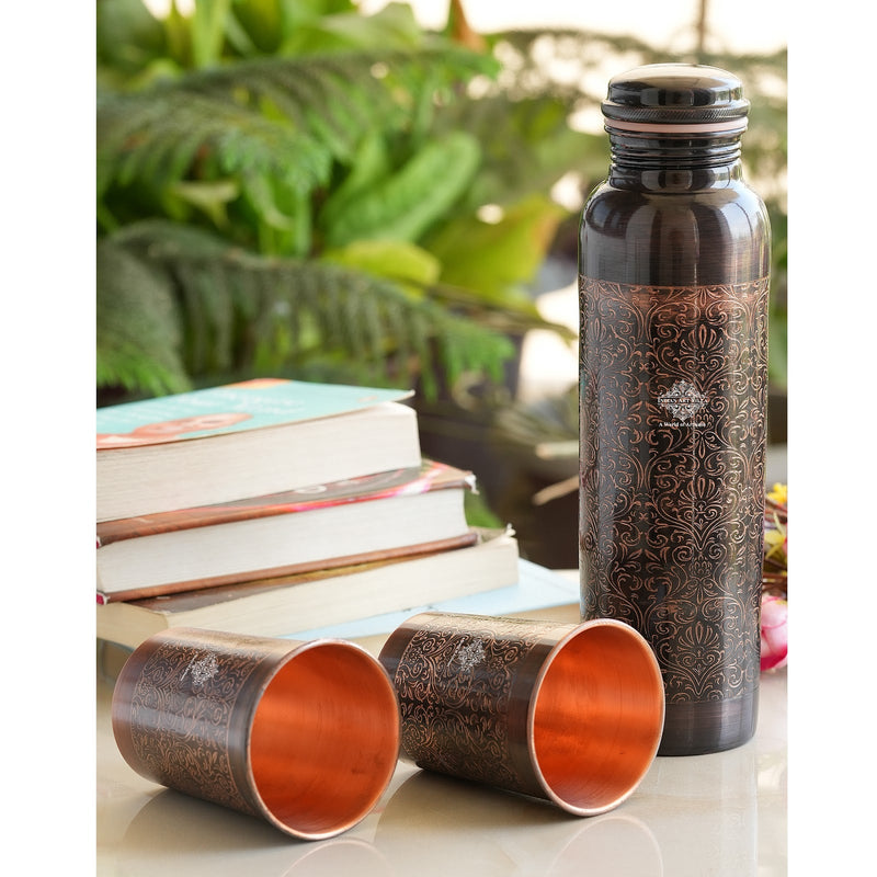 Pure Copper Antique Embossed Bottle Gift Set