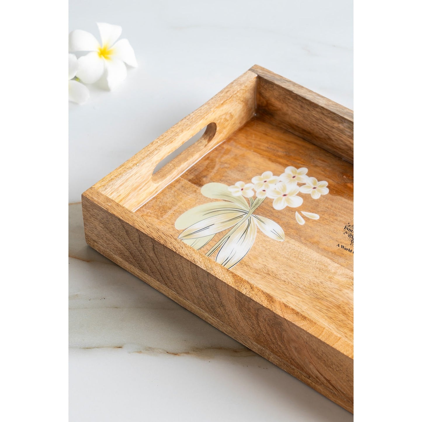 Wooden Tray with Plumeria Flower Design, Multipurpose Serving Tray for Tea, Coffee, Snacks, Home Decor, Gift Hampers