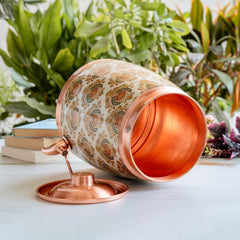 Copper Water Pot With Decorative Floral Kalakriti Print & Brass Tap- 7100 ML