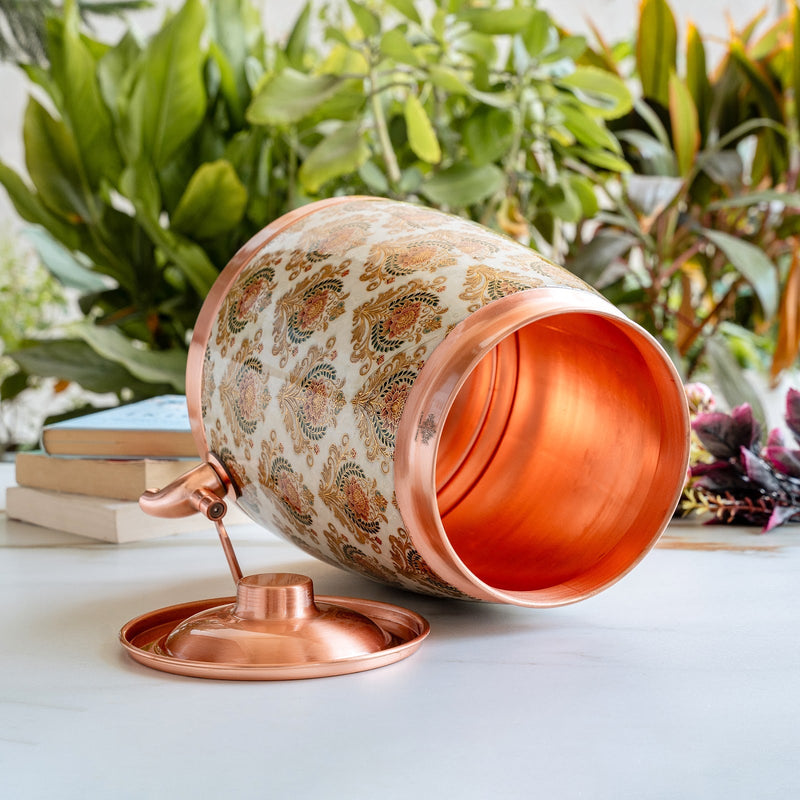 Copper Water Pot With Decorative Floral Kalakriti Print & Brass Tap- 7100 ML