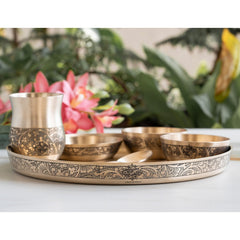 Pure Bronze Thali Set | 6 Pieces Dinner Set With Embossed Design