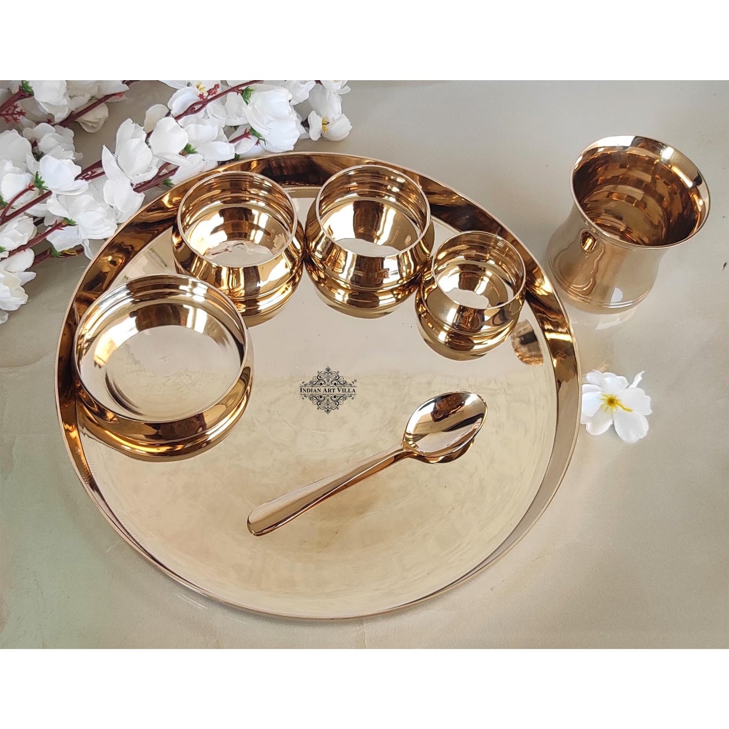 Handcrafted Pure Bronze Curve Shaped 7 Pieces Dinner Set | Thali Set with  Mirror Shine Finish