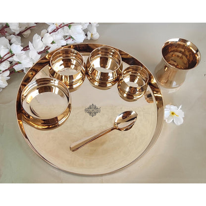 Handcrafted Pure Bronze Curve Shaped 7 Pieces Dinner Set | Thali Set with  Mirror Shine Finish